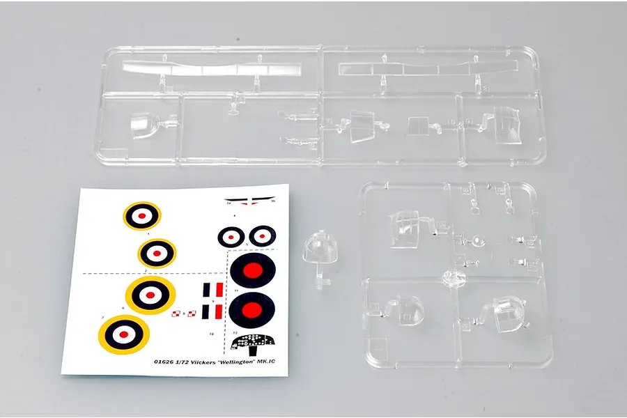 Clear plastic model kit sprues and a decal sheet for a 1/72 scale Vickers Wellington Mk.IC bomber model.