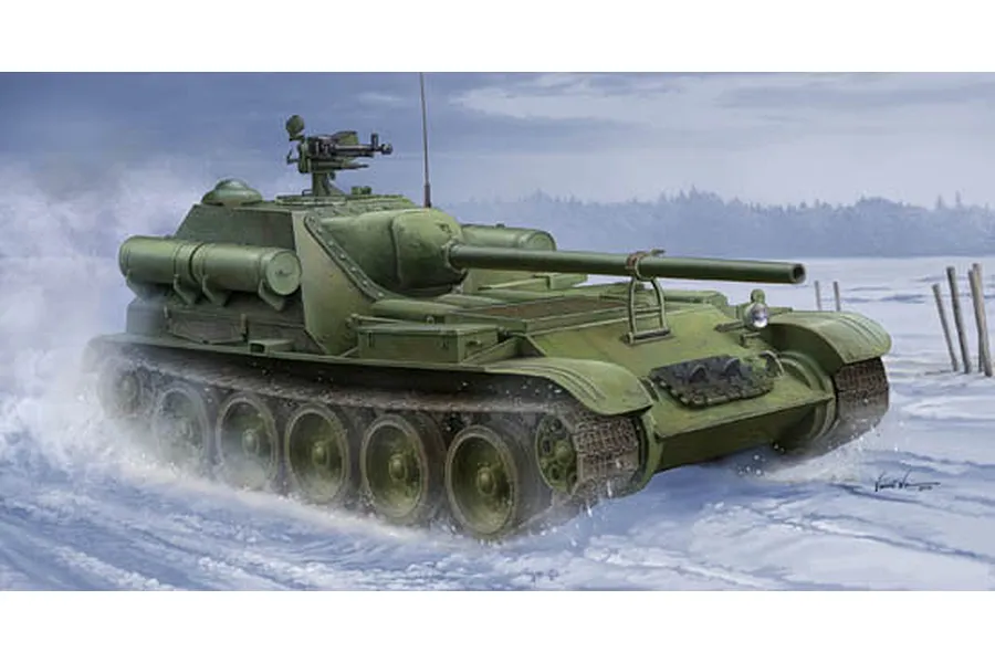 An artistic illustration of a Soviet SU-101 self-propelled gun moving through a snowy landscape.