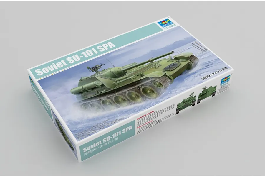 Trumpeter 1/35 scale Soviet SU-101 SPA self-propelled gun plastic model kit box, featuring box art of the tank in a snowy landscape.