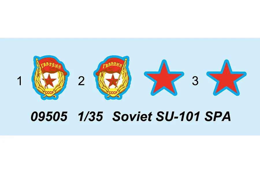 A digital decal sheet for a 1/35 scale Soviet SU-101 model kit, featuring two Soviet Guard emblems and two red stars with reference numbers.