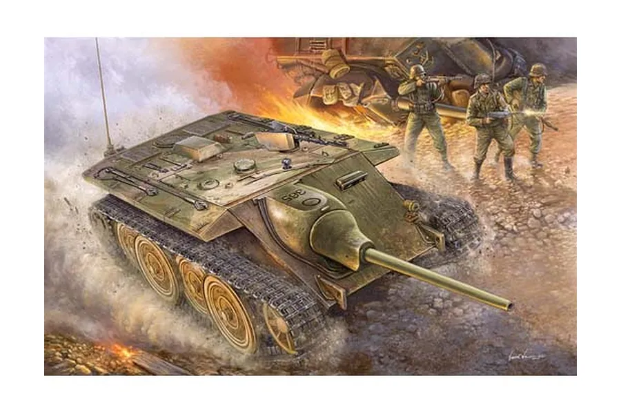 Box art illustration of a German E10 tank destroyer in combat with soldiers nearby.