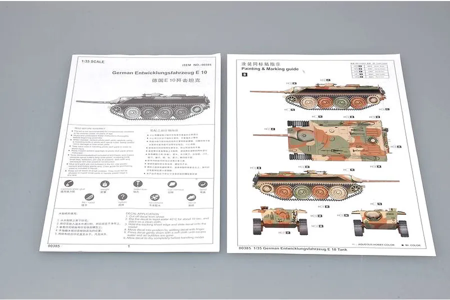 Two pages of instruction and painting guide for the Trumpeter 1/35 scale German E10 tank model kit, showing assembly steps and camouflage patterns.