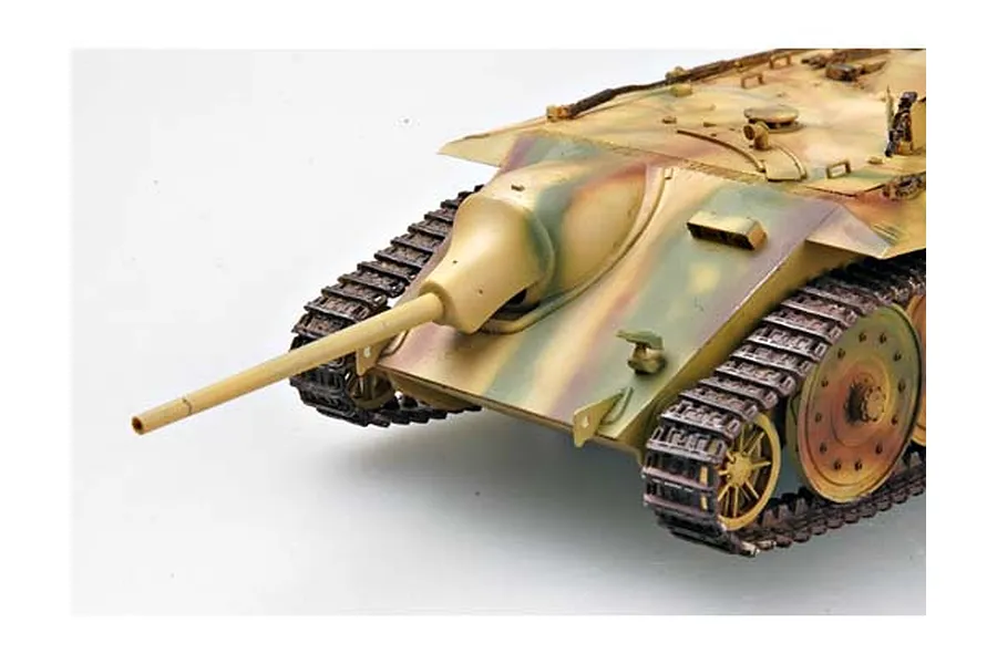 A high-angle view of a painted 1/35 scale model of a German E10 tank destroyer with camouflage paint, showing the front hull and tracks.