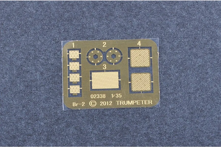 A small photo-etched metal fret for the Trumpeter 1/35 Soviet Br-2 model kit, featuring various textured panels and circular parts.