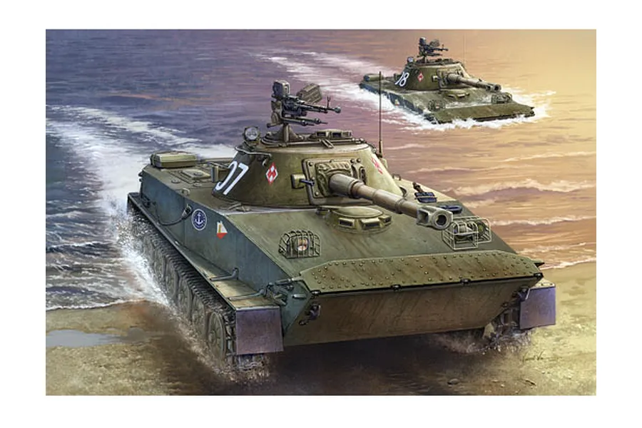 Box art illustration of two Polish PT-76B amphibious tanks moving through shallow water towards a sandy beach.