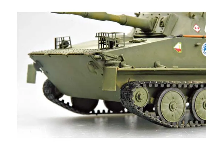 A close-up view of a 1/35 scale plastic model of a Polish PT-76B amphibious tank, showing the front hull, turret, and tracks.
