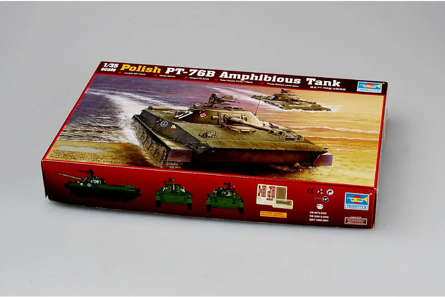 A Trumpeter 1/35 scale Polish PT-76B Amphibious Tank plastic model kit box, showing box art of tanks in water.