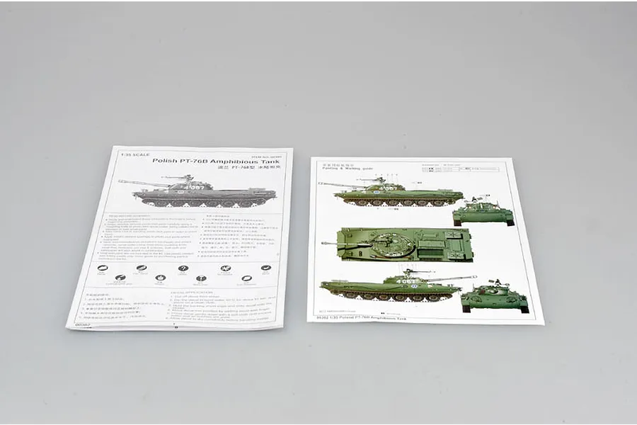 Instruction manual and painting guide for the Trumpeter 1/35 scale Polish PT-76B Amphibious Tank model kit.