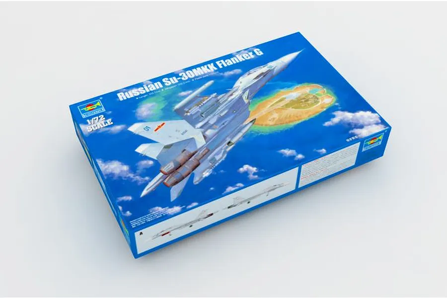 Trumpeter 1/72 scale Russian Su-30MKK Flanker G plastic model kit box showing artwork of the fighter jet in flight over an island.