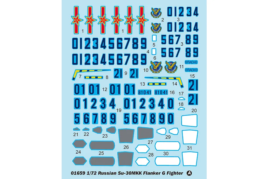 A decal sheet for the Trumpeter 1/72 Russian Su-30MKK Flanker G model kit, featuring various numbers, insignias, and markings on a light blue backing.