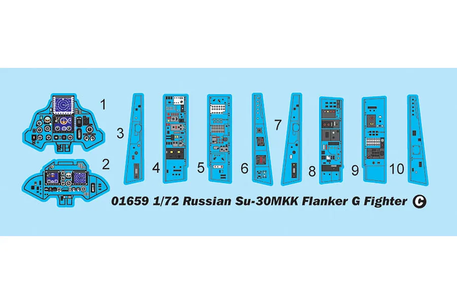 A diagram showing decal placement for the cockpit instrument panels and side consoles of a 1/72 scale Trumpeter Russian Su-30MKK Flanker G model kit.