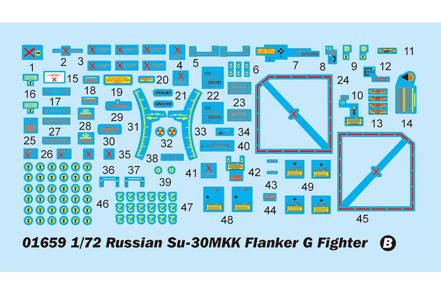 A decal sheet for a 1/72 scale Trumpeter Russian Su-30MKK Flanker G model kit, featuring various numbered markings, warning signs, and insignia.