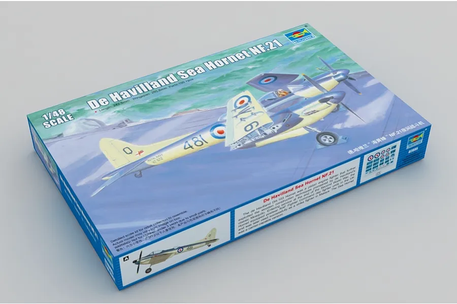 Trumpeter 1/48 scale De Havilland Sea Hornet NF.21 plastic model kit box showing artwork of the aircraft in flight.