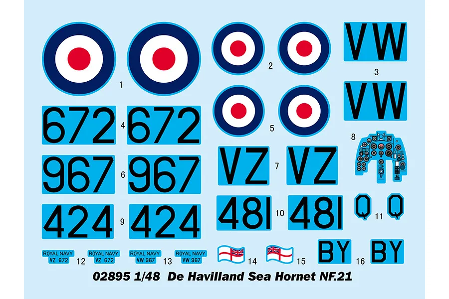 A decal sheet for a 1/48 scale Trumpeter De Havilland Sea Hornet NF.21 model kit, featuring RAF roundels, serial numbers, and instrument panel decals.