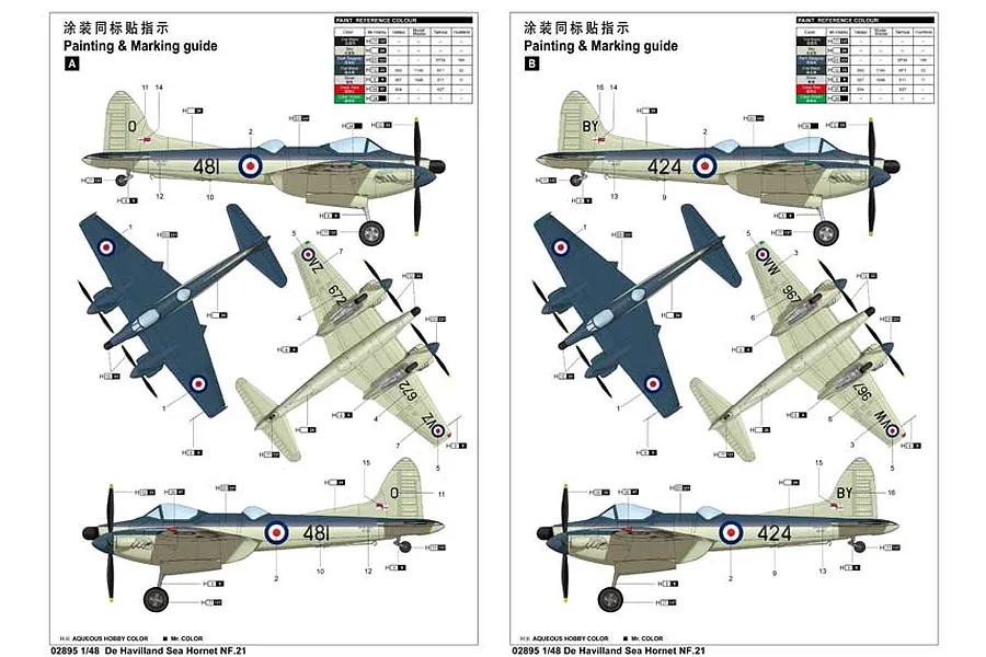 A painting and marking guide for a 1/48 scale De Havilland Sea Hornet NF.21 model aircraft, showing two different color schemes with side and top views.