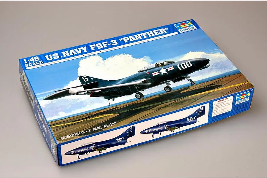 Trumpeter 1/48 scale US Navy F9F-3 Panther plastic model kit box showing artwork of the jet in flight and side profiles of finished models.
