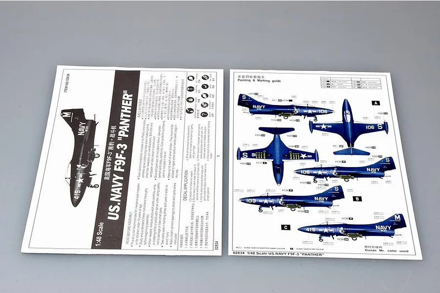 Instruction manual and painting guide for the Trumpeter 1/48 scale US Navy F9F-3 Panther model kit, showing assembly steps and aircraft markings.