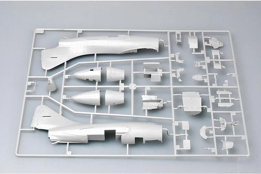 A grey plastic sprue containing various model aircraft parts for a Trumpeter 1/48 scale F9F-3 Panther jet kit.