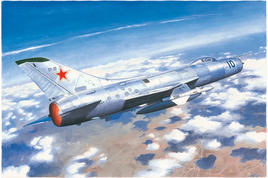 Box art illustration of a Soviet Su-11 Fishpot jet fighter flying above clouds, featuring a silver metallic finish and red star insignia.