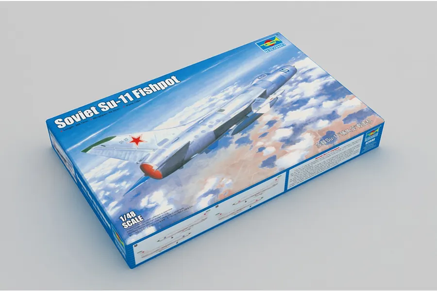 Trumpeter 1/48 scale Soviet Su-11 Fishpot jet model kit box featuring artwork of the aircraft in flight against a cloudy sky.