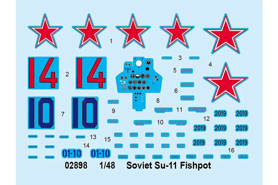 A decal sheet for a 1/48 scale Trumpeter Soviet Su-11 Fishpot model kit, featuring red stars, aircraft numbers, and instrument panel details.