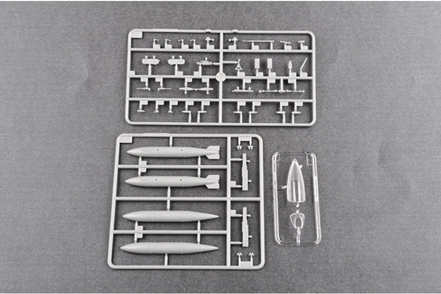 Plastic model kit sprues for the Trumpeter 1/48 Soviet Su-11 Fishpot, showing grey plastic parts and a clear canopy piece on a grey background.