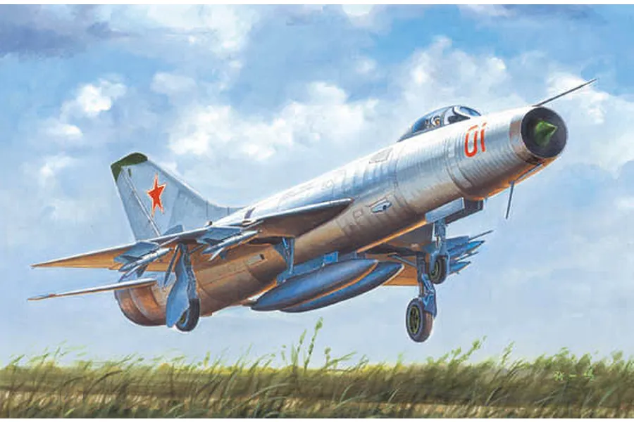 Box art illustration of a Soviet Su-9 Fishpot jet fighter in flight over a grassy field against a cloudy blue sky.