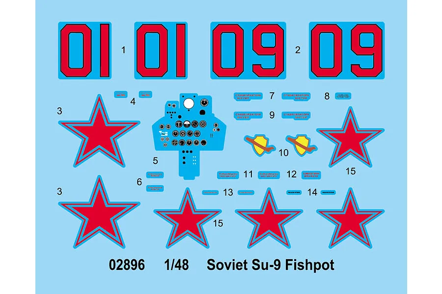 A decal sheet for a 1/48 scale Trumpeter Soviet Su-9 Fishpot model kit, featuring red stars, aircraft numbers, and cockpit instrument panel decals.