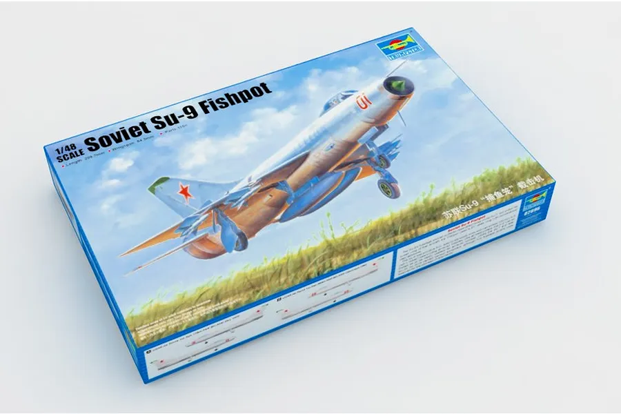 Trumpeter 1/48 scale Soviet Su-9 Fishpot plastic model kit box showing artwork of the jet in flight over a grassy field.
