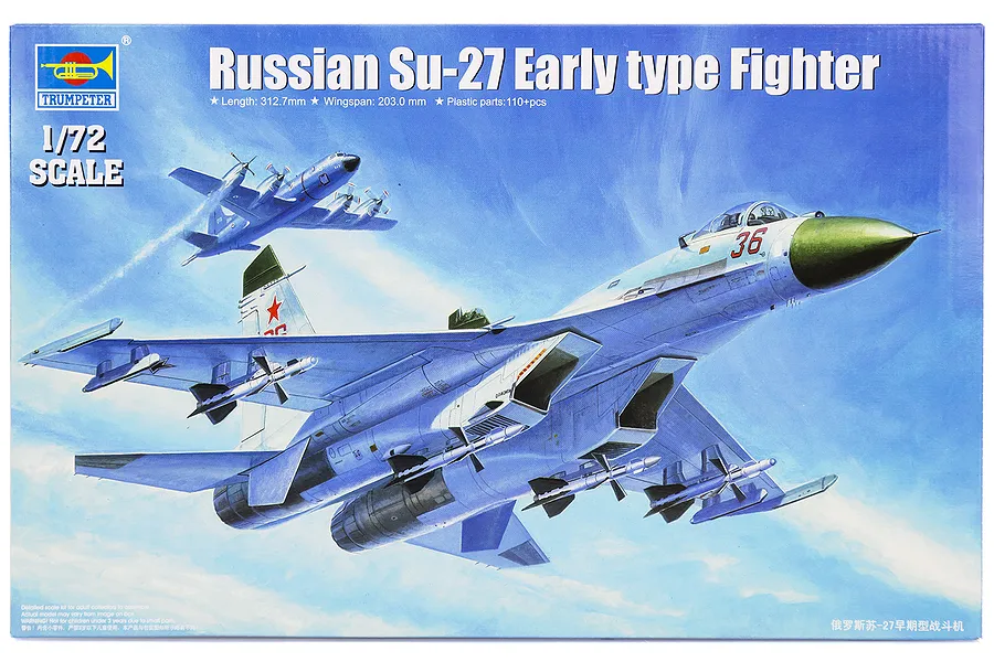 Trumpeter 1/72 scale Russian Su-27 Early type fighter jet plastic model kit box art showing two jets in flight against a blue sky.