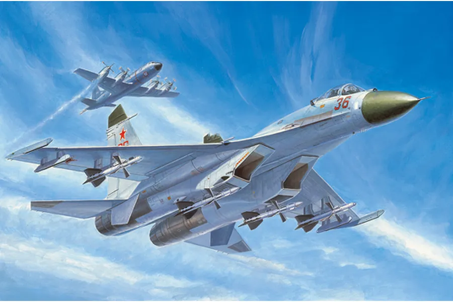 Box art illustration of a Su-27 fighter jet flying in formation with a propeller aircraft against a blue sky.