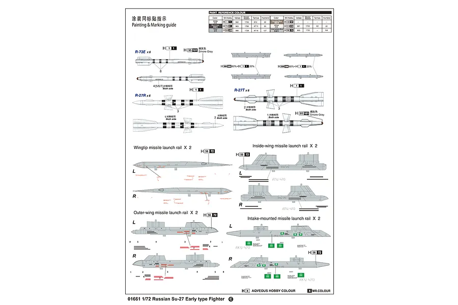 A technical painting and marking guide for a Trumpeter 1/72 scale Su-27 model kit, showing missile and launch rail assembly diagrams.