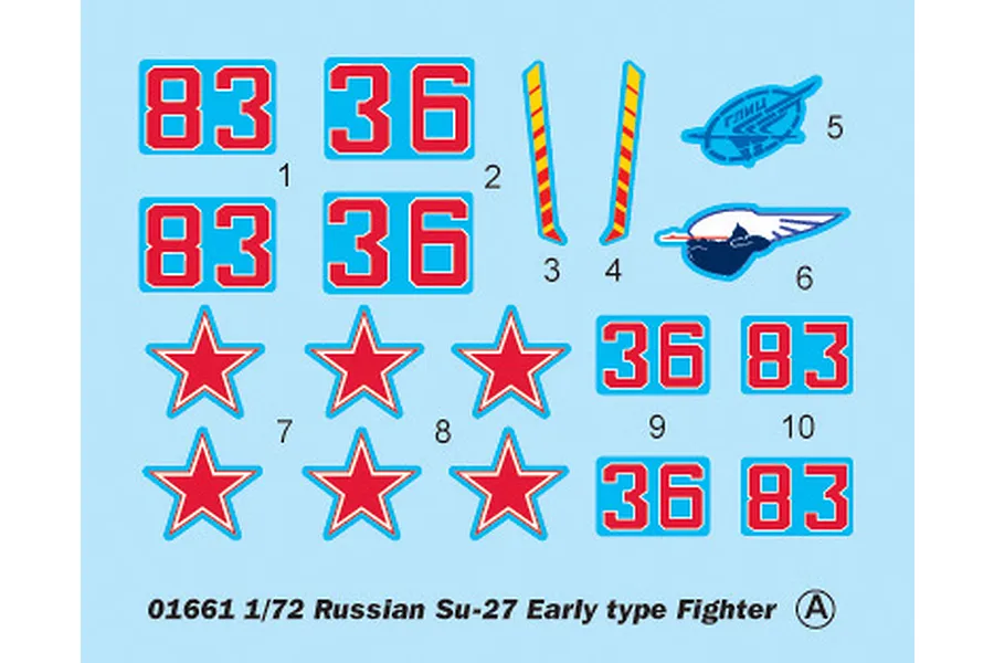 A decal sheet for a 1/72 scale Trumpeter Su-27 Early Type model kit featuring red stars, identification numbers, and insignia.