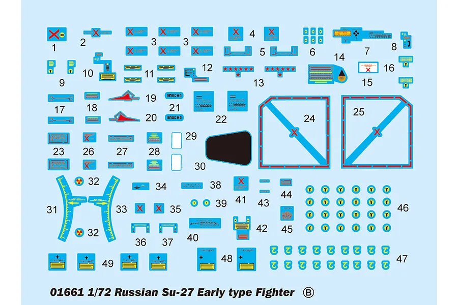 A decal sheet for a 1/72 scale Trumpeter Su-27 Early Type model kit, featuring various numbered markings, warning signs, and stencils on a light blue background.