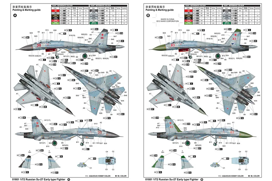 Painting and marking guide for a Trumpeter 1/72 scale Su-27 Early Type fighter jet model kit, showing two different camouflage schemes.