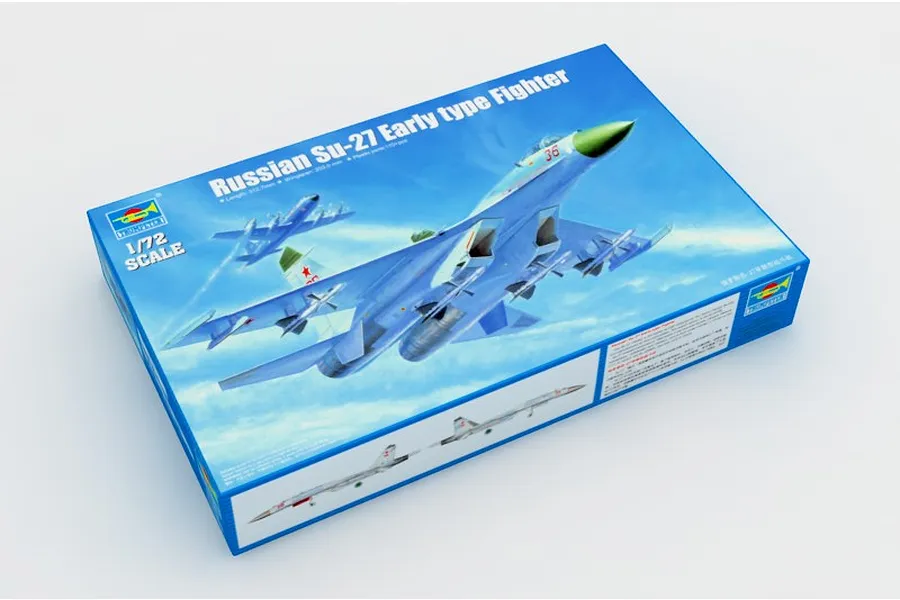 Trumpeter 1/72 scale Russian Su-27 Early type Fighter plastic model kit box showing artwork of the aircraft in flight against a blue sky.