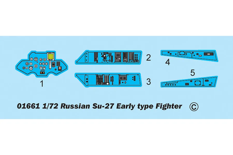 A digital diagram showing decal placement for the cockpit instrument panel and side consoles of a 1/72 scale Su-27 fighter model kit.
