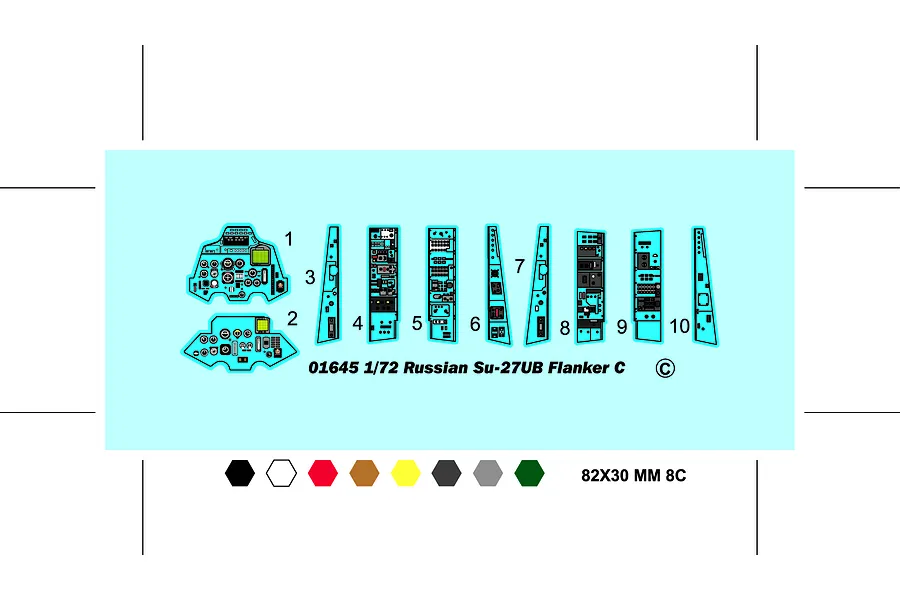 A digital decal sheet for the Trumpeter 1/72 Russian Su-27UB model kit, showing numbered cockpit instrument panels and a color palette guide.
