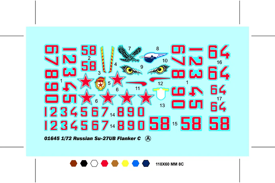 A decal sheet for the Trumpeter 1/72 Russian Su-27UB Flanker C model kit, featuring various numbers, red stars, and nose art graphics on a light blue backing.