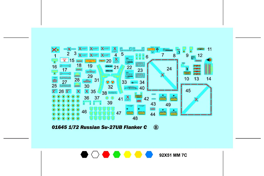 A decal sheet for a 1/72 scale Trumpeter Russian Su-27UB Flanker C model kit, featuring numerous numbered markings and warning labels on a light blue backing.