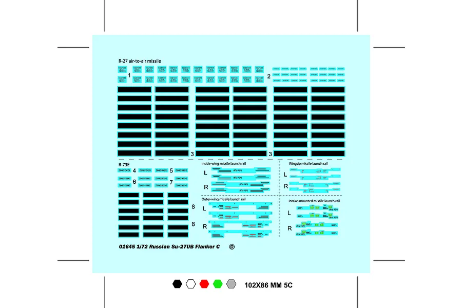 A decal sheet for the Trumpeter 1/72 Russian Su-27UB Flanker C model kit, featuring various missile markings, launch rail stencils, and technical labels.