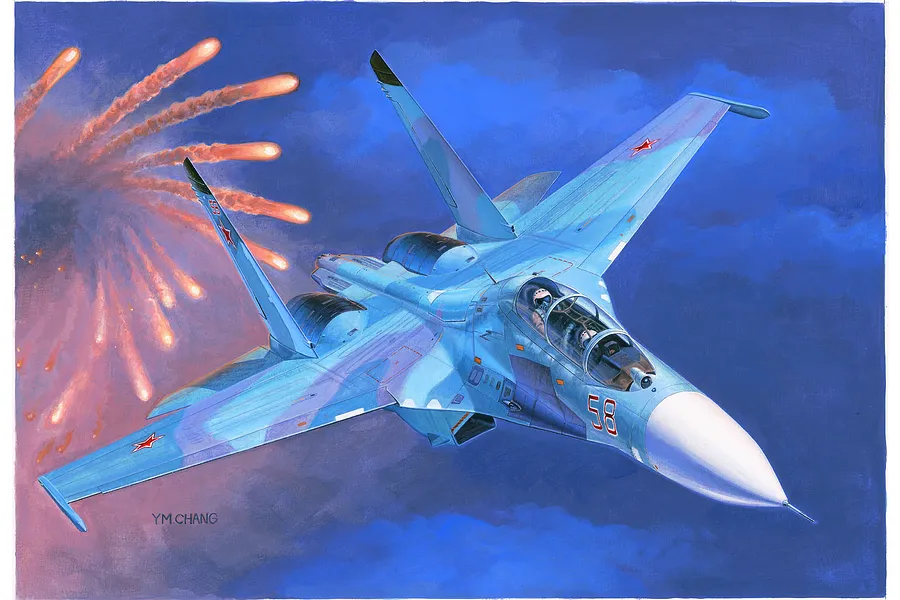 Box art illustration of a Russian Su-27UB fighter jet in flight, painted in blue camouflage with red stars, firing flares against a dark sky.