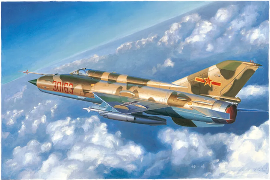 An artistic illustration of a J-7C/J-7D fighter jet in flight above clouds, featuring camouflage paint and Chinese military markings.