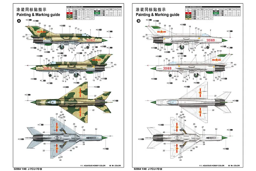 Painting and marking guide for a 1/48 scale J-7C/J-7D model aircraft, showing side, top, and bottom views with camouflage and silver paint schemes.