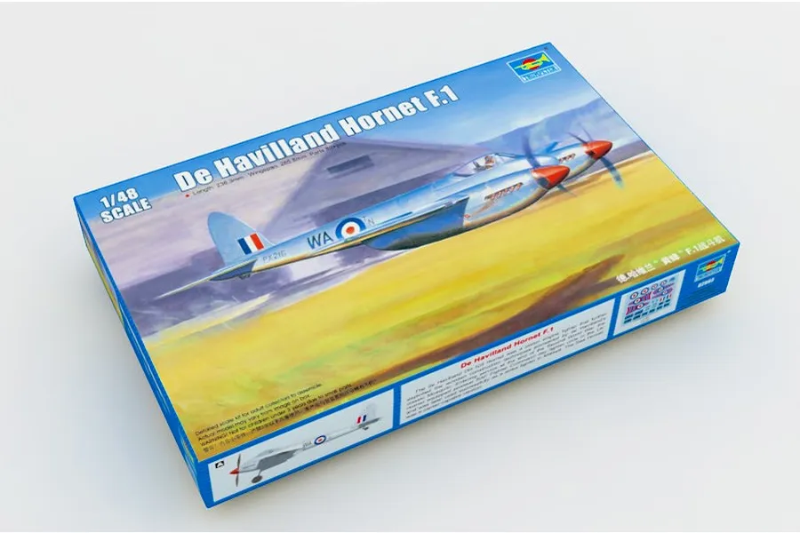 A product box for a 1/48 scale Trumpeter De Havilland Hornet F.1 plastic model aircraft kit, featuring artwork of the plane in flight.