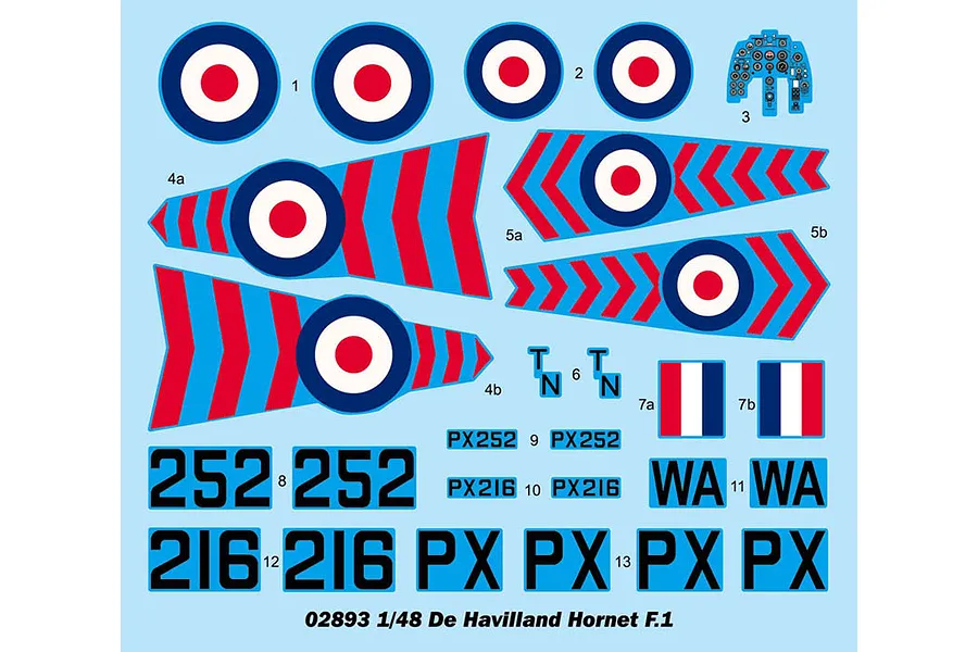 A decal sheet for a 1/48 scale Trumpeter De Havilland Hornet F.1 model kit, featuring RAF roundels, tail markings, and serial numbers.