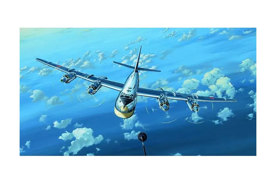 An artistic illustration of a Tupolev Tu-95 Bear bomber flying through a blue sky with scattered clouds.