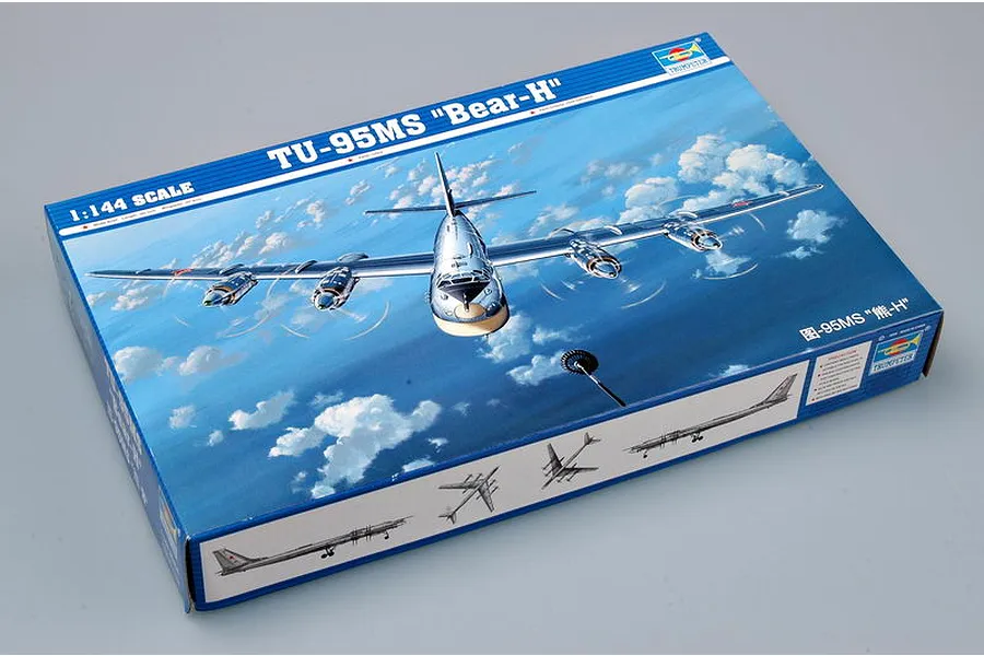 Trumpeter 1/144 scale TU-95MS Bear-H bomber plastic model kit box, showing artwork of the aircraft in flight against a blue sky.