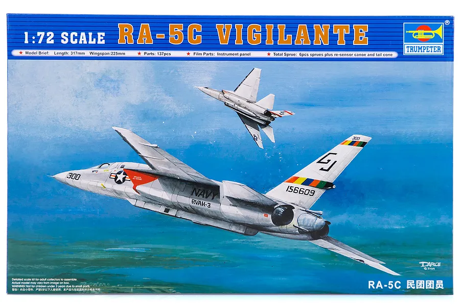 Trumpeter 1/72 scale RA-5C Vigilante model kit box art showing two US Navy jets flying over a landscape.