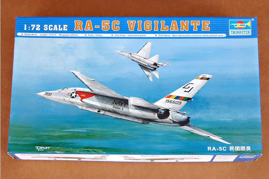 Trumpeter 1/72 scale RA-5C Vigilante plastic model kit box art showing two US Navy jets in flight over a landscape.